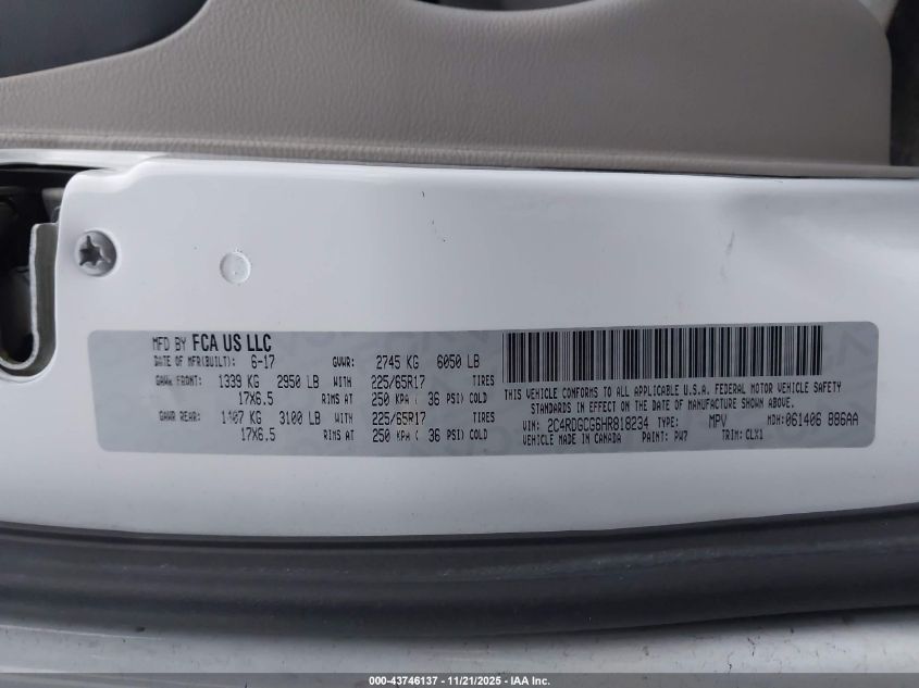 2017 Dodge Grand Caravan Sxt VIN: 2C4RDGCG6HR818234 Lot: 43746137