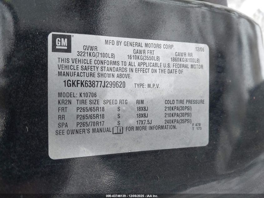 2007 GMC Yukon Denali VIN: 1GKFK63877J299620 Lot: 43746139