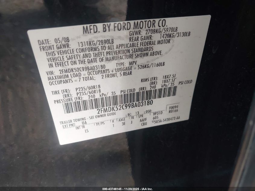 2009 Ford Flex Sel VIN: 2FMDK52C99BA03180 Lot: 43746145