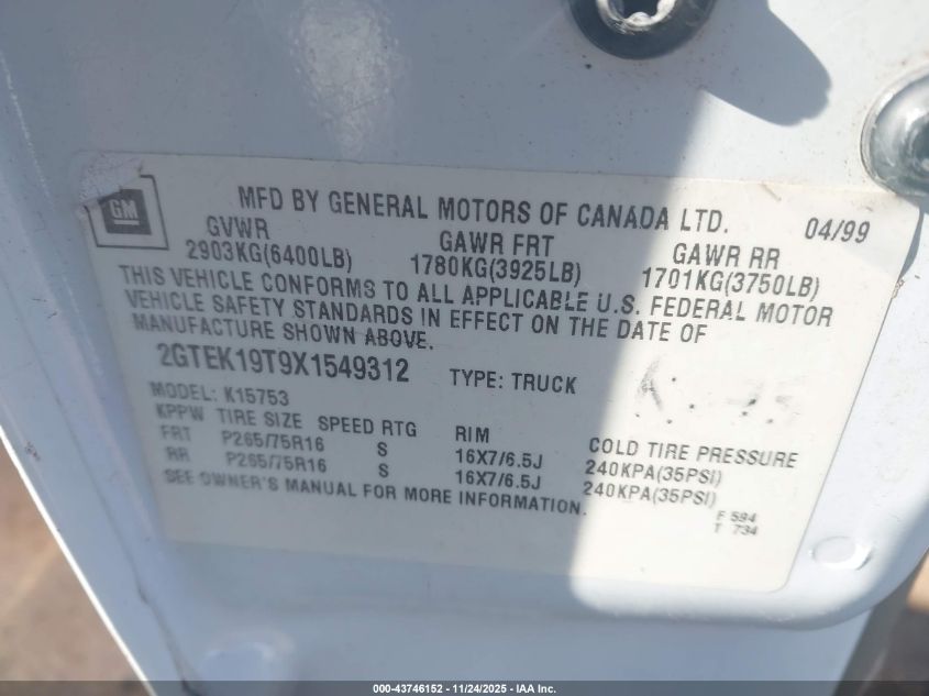 1999 GMC Sierra 1500 Sle VIN: 2GTEK19T9X1549312 Lot: 43746152