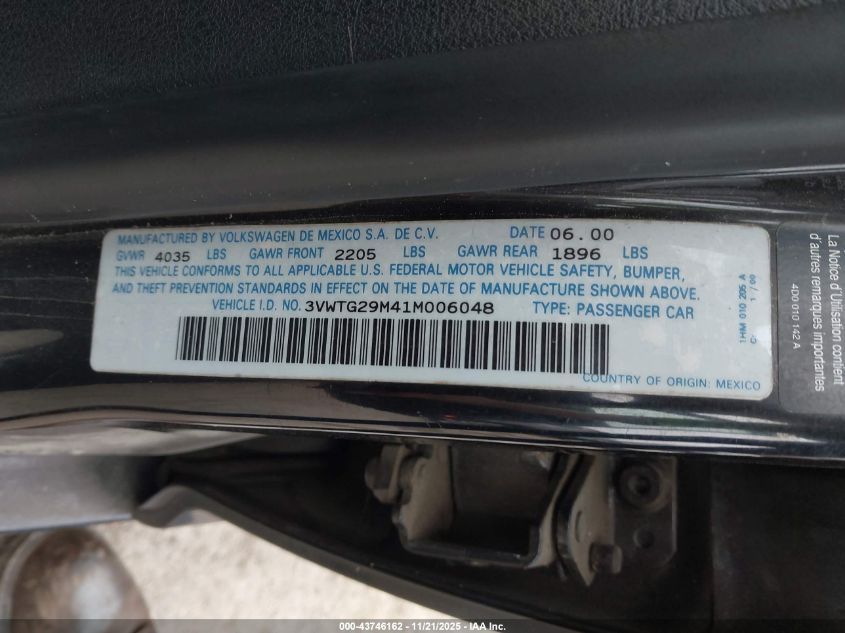 2001 Volkswagen Jetta Glx VIN: 3VWTG29M41M006048 Lot: 43746162