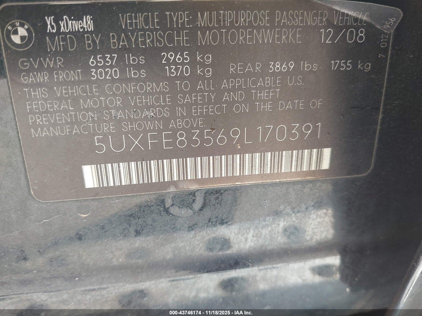 2009 BMW X5 xDrive48I VIN: 5UXFE83569L170391 Lot: 43746174