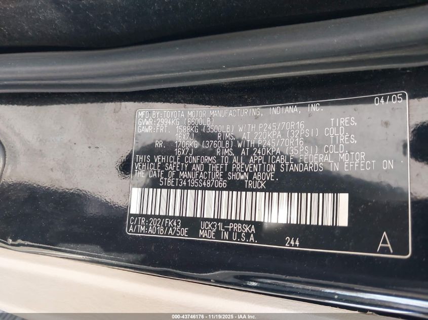 2005 Toyota Tundra Sr5 V8 VIN: 5TBET34195S487066 Lot: 43746176