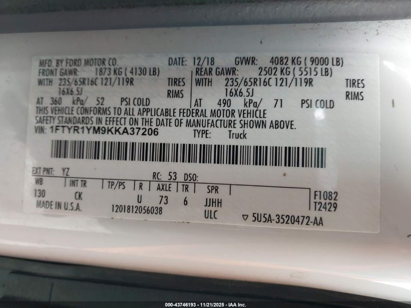 2019 Ford Transit-250 VIN: 1FTYR1YM9KKA37206 Lot: 43746193