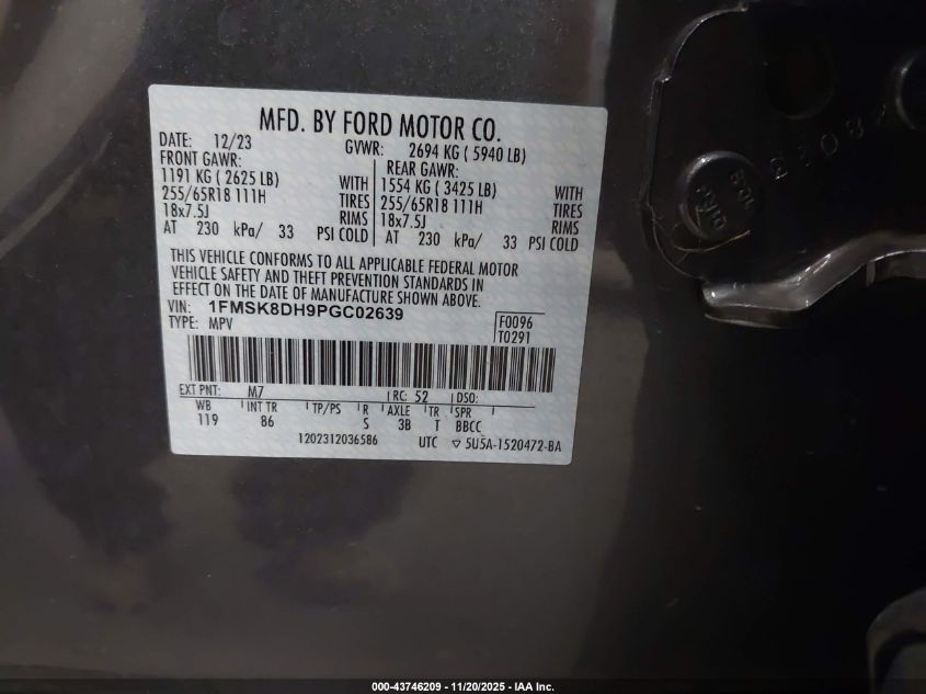 2023 Ford Explorer Xlt VIN: 1FMSK8DH9PGC02639 Lot: 43746209