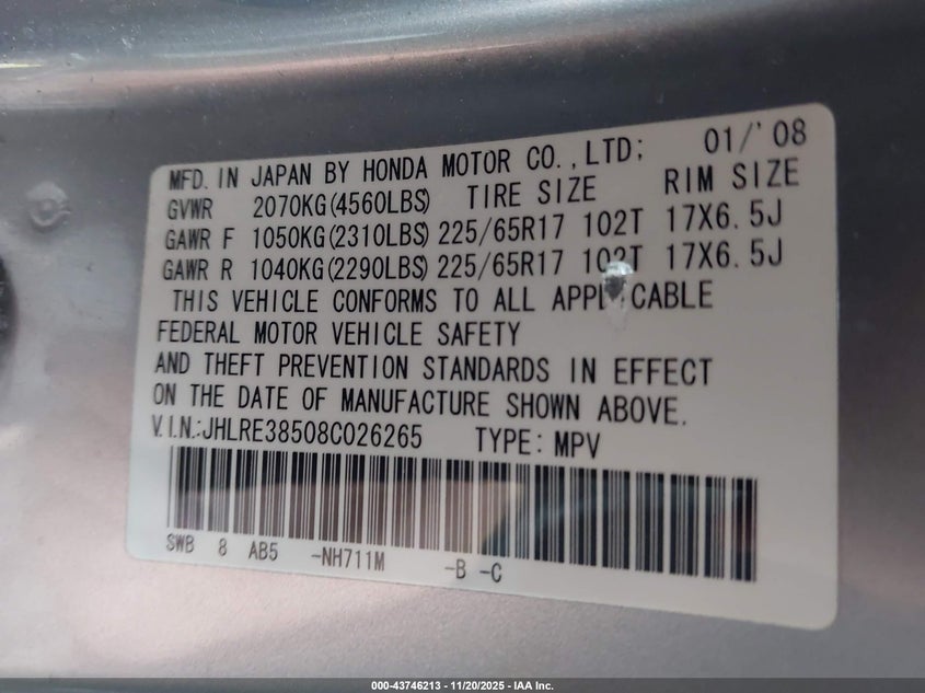 2008 Honda Cr-V Ex VIN: JHLRE38508C026265 Lot: 43746213