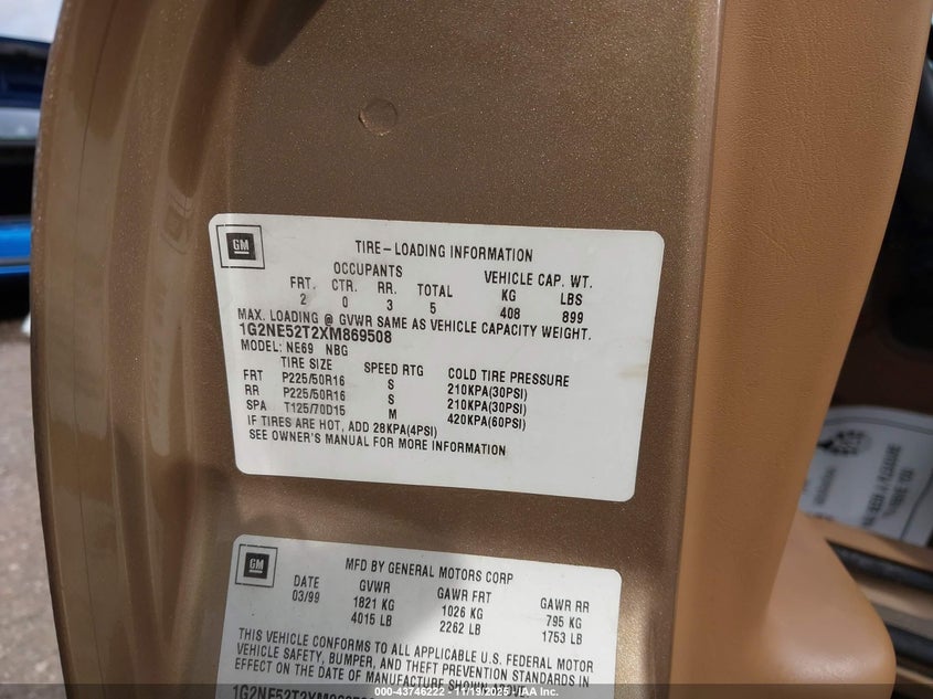 1999 Pontiac Grand Am Se2 VIN: 1G2NE52T2XM869508 Lot: 43746222