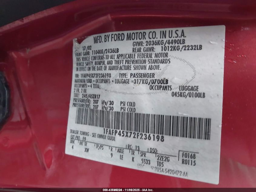 2002 Ford Mustang Gt VIN: 1FAFP45X72F236198 Lot: 43746224