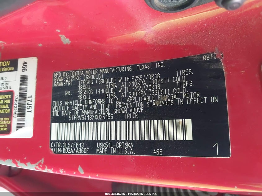 2007 Toyota Tundra Sr5 V8 VIN: 5TFRV54187X025156 Lot: 43746225