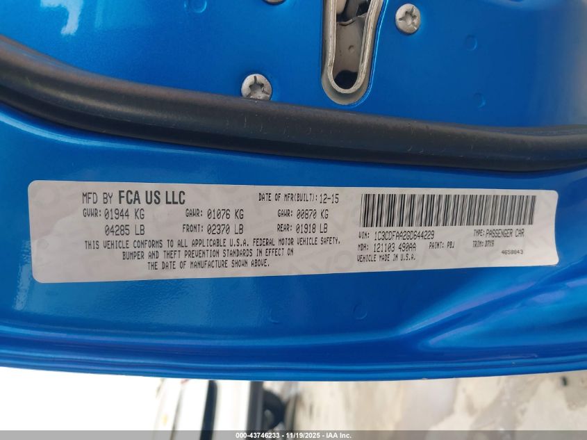 2016 Dodge Dart Se VIN: 1C3CDFAA2GD644229 Lot: 43746233