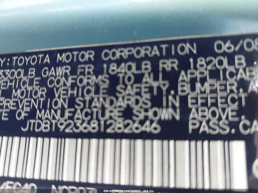 2008 Toyota Yaris VIN: JTDBT923681282646 Lot: 43746256