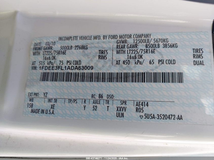 2010 Ford E-350 Cutaway VIN: 1FDEE3FL1ADA63009 Lot: 43746271
