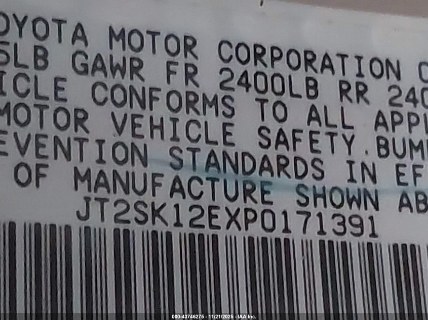 1993 Toyota Camry Le VIN: JT2SK12EXP0171391 Lot: 43746275