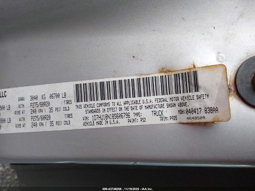 2008 Dodge Ram 1500 Slt VIN: 1D7HU18N18S606796 Lot: 43746286