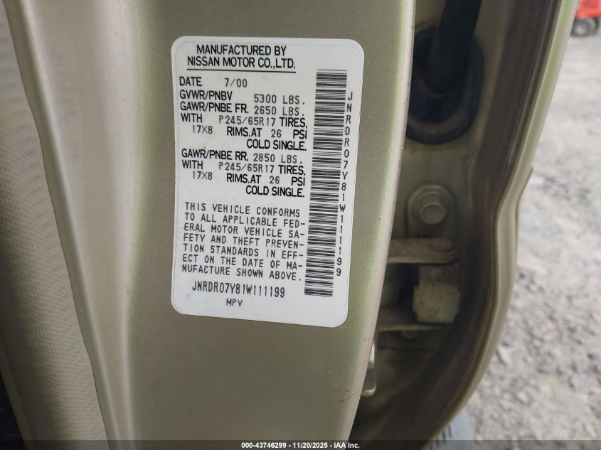 2001 Infiniti Qx4 Luxury VIN: JNRDR07Y81W111199 Lot: 43746299