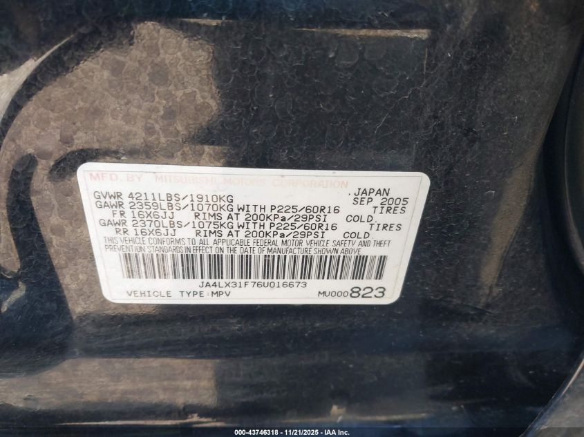 2006 Mitsubishi Outlander Ls VIN: JA4LX31F76U016673 Lot: 43746318