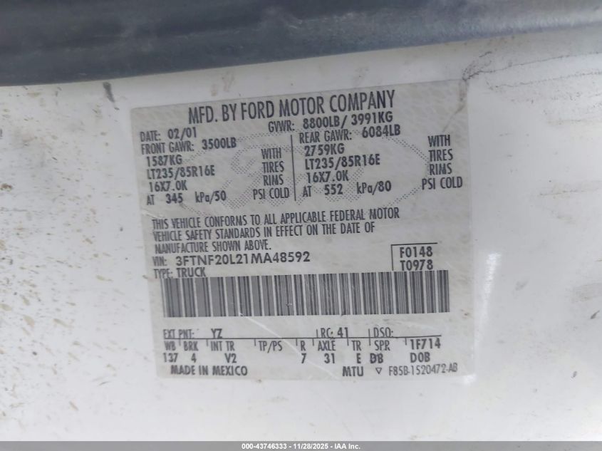 2001 Ford F-250 Xl/Xlt VIN: 3FTNF20L21MA48592 Lot: 43746333