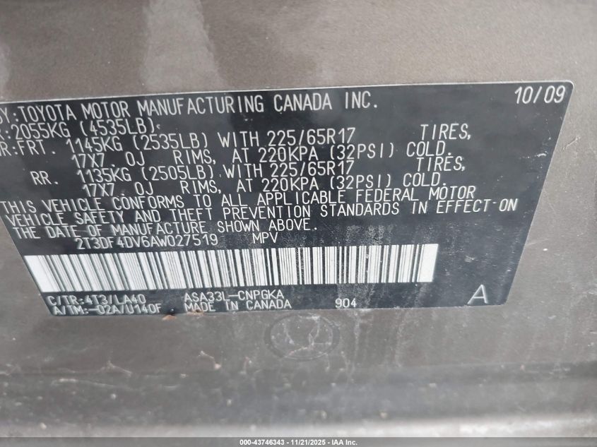 2010 Toyota Rav4 Limited VIN: 2T3DF4DV6AW027519 Lot: 43746343