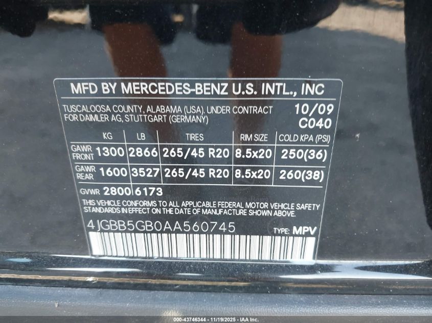 2010 Mercedes-Benz Ml 350 VIN: 4JGBB5GB0AA560745 Lot: 43746344