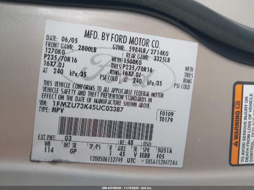 2005 Ford Explorer Xlt/Xlt Sport VIN: 1FMZU73K45UC03387 Lot: 43746349