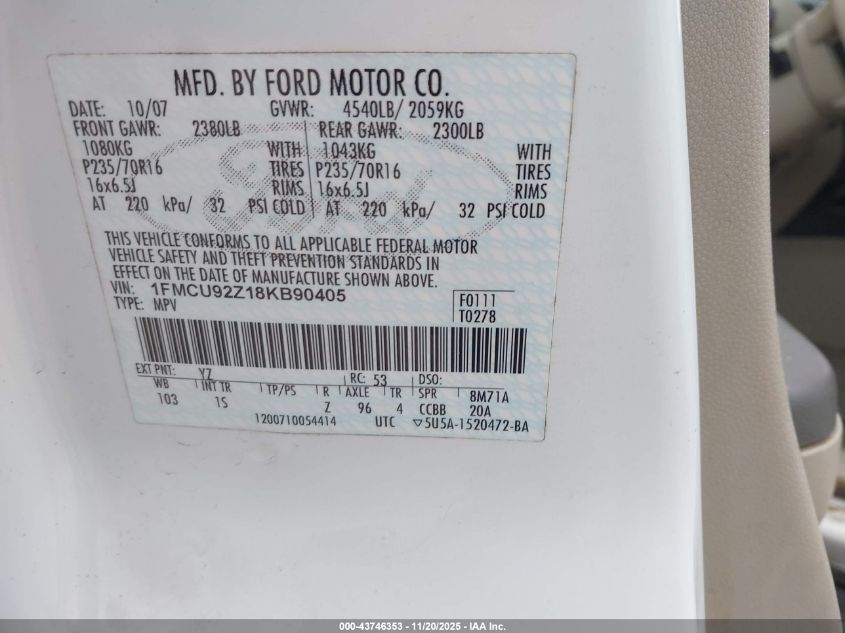 2008 Ford Escape Xls VIN: 1FMCU92Z18KB90405 Lot: 43746353