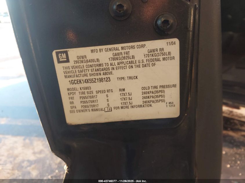 2005 Chevrolet Silverado 1500 Work Truck VIN: 1GCEK14X55Z198123 Lot: 43746377