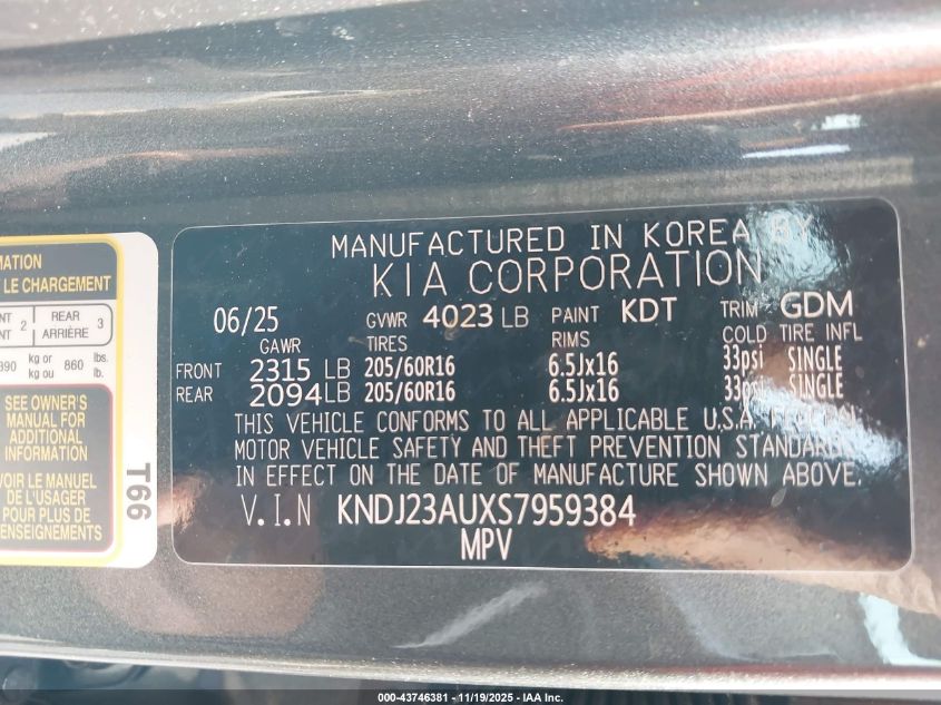 2025 Kia Soul Lx/S VIN: KNDJ23AUXS7959384 Lot: 43746381