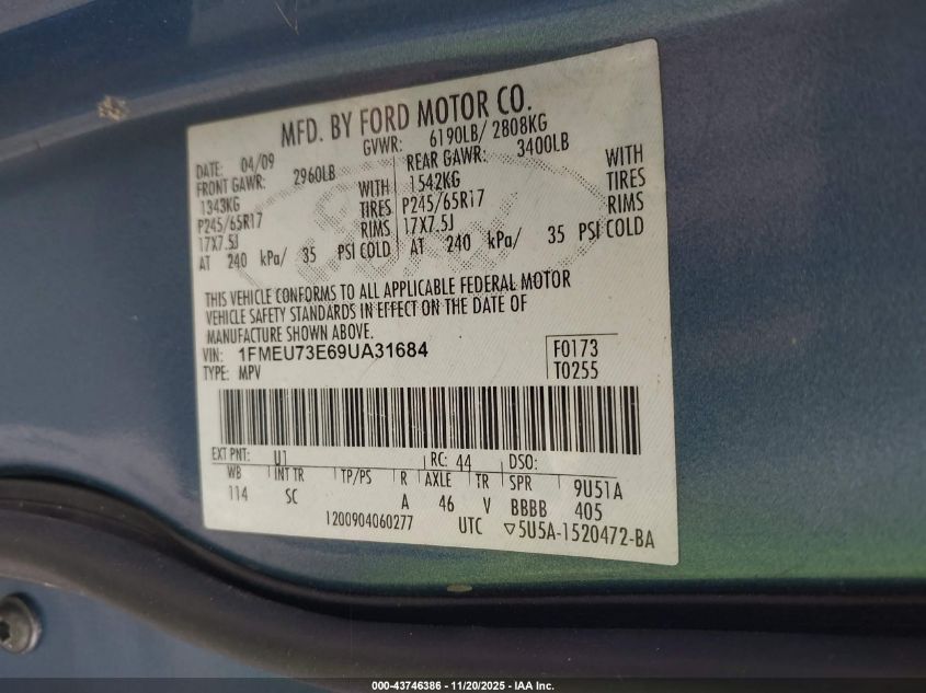 2009 Ford Explorer Xlt VIN: 1FMEU73E69UA31684 Lot: 43746386