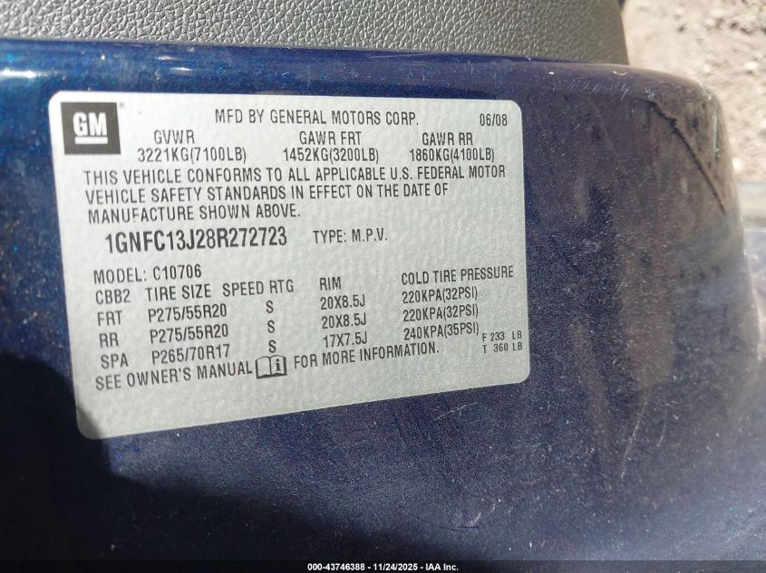 2008 Chevrolet Tahoe Lt VIN: 1GNFC13J28R272723 Lot: 43746388