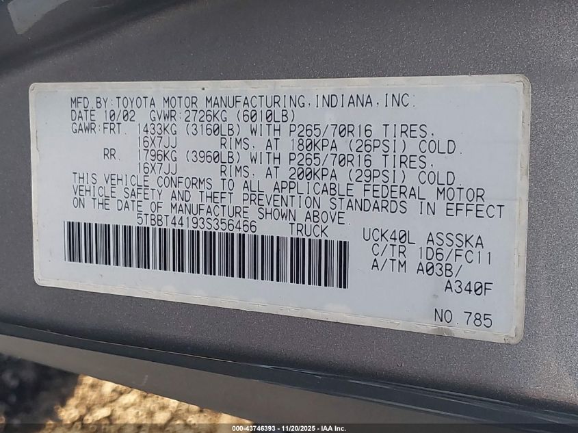 2003 Toyota Tundra Sr5 V8 VIN: 5TBBT44193S356466 Lot: 43746393