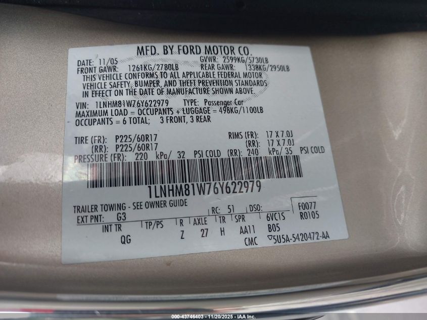 2006 Lincoln Town Car Signature VIN: 1LNHM81W76Y622979 Lot: 43746403