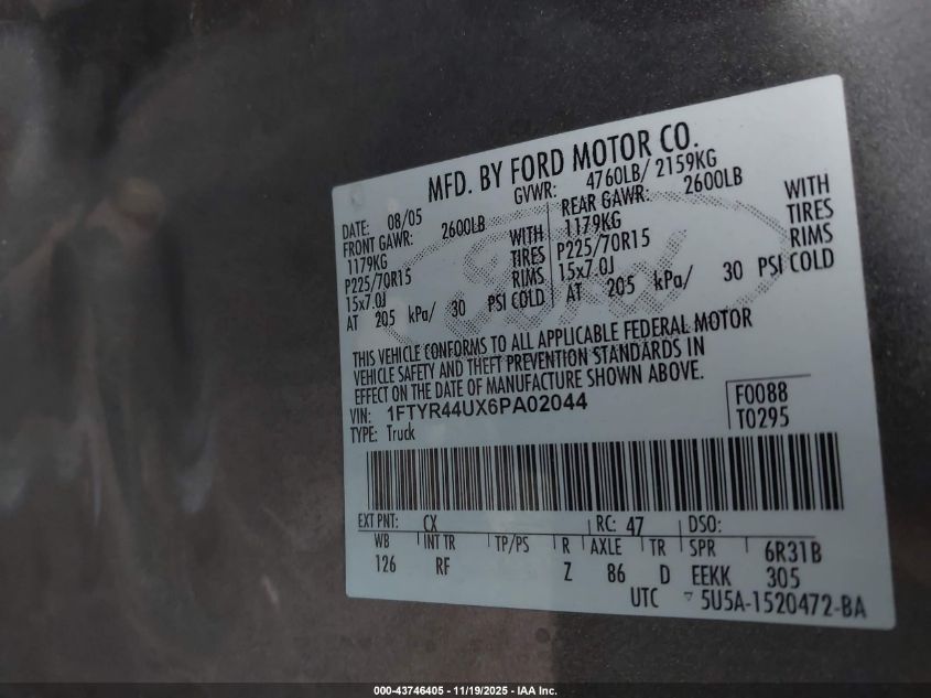 2006 Ford Ranger Sport/Stx/Xlt VIN: 1FTYR44UX6PA02044 Lot: 43746405