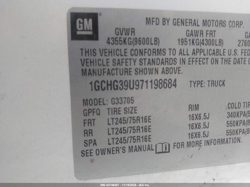 2007 Chevrolet Express Work Van VIN: 1GCHG39U971198684 Lot: 43746407