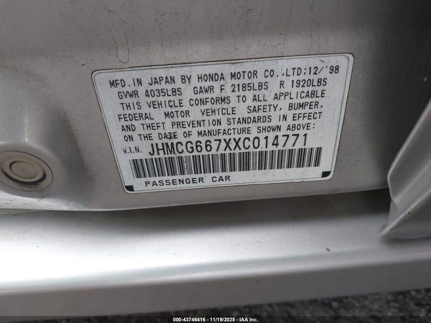 JHMCG667XXC014771 1999 HONDA ACCORD photo no. 9