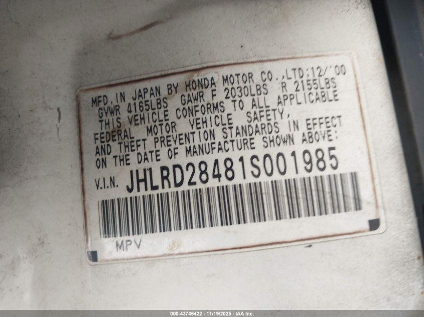2001 Honda Cr-V Lx VIN: JHLRD28481S001985 Lot: 43746422
