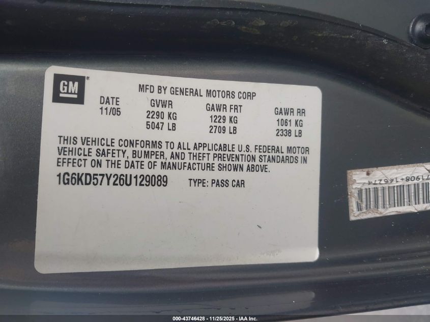 2006 Cadillac Dts Standard VIN: 1G6KD57Y26U129089 Lot: 43746428