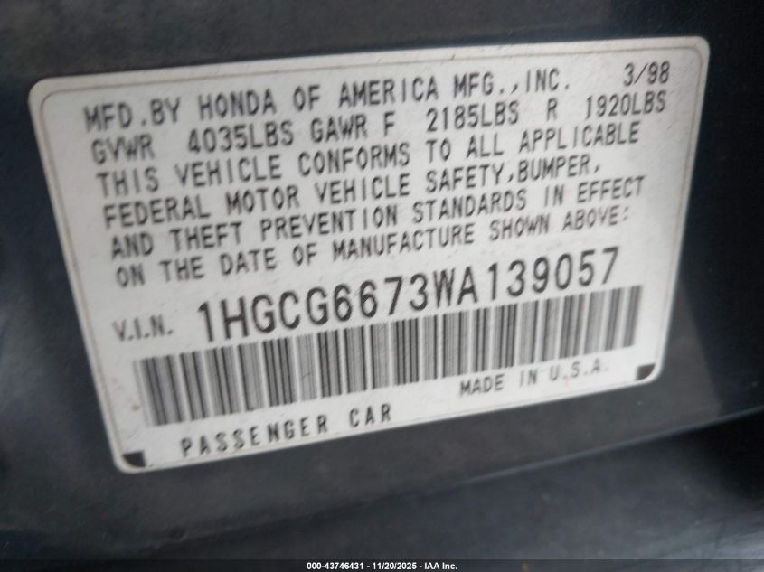 1998 Honda Accord Ex VIN: 1HGCG6673WA139057 Lot: 43746431