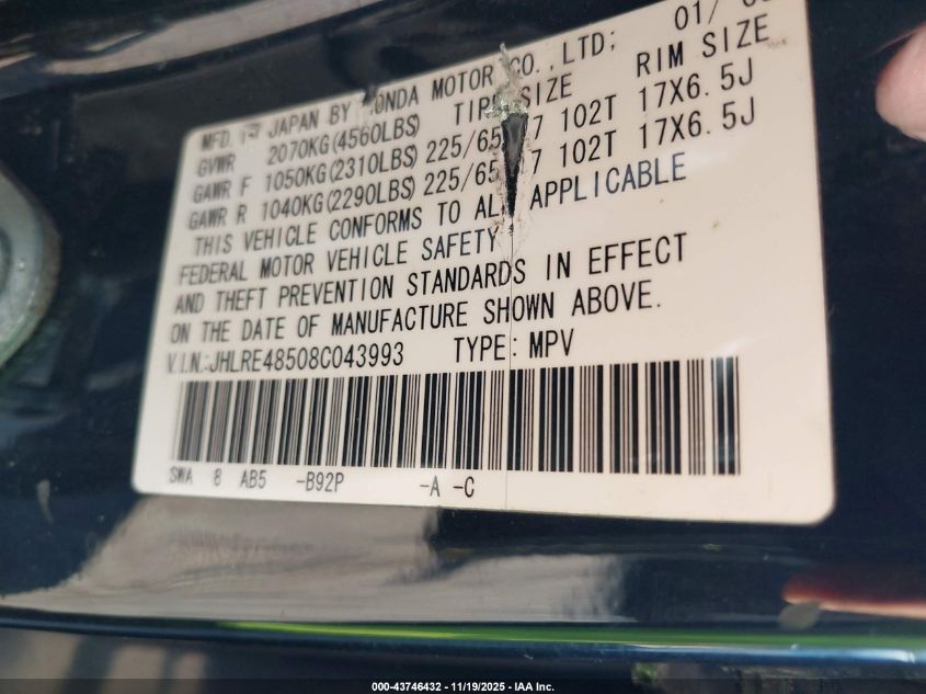 2008 Honda Cr-V Ex VIN: JHLRE48508C043993 Lot: 43746432