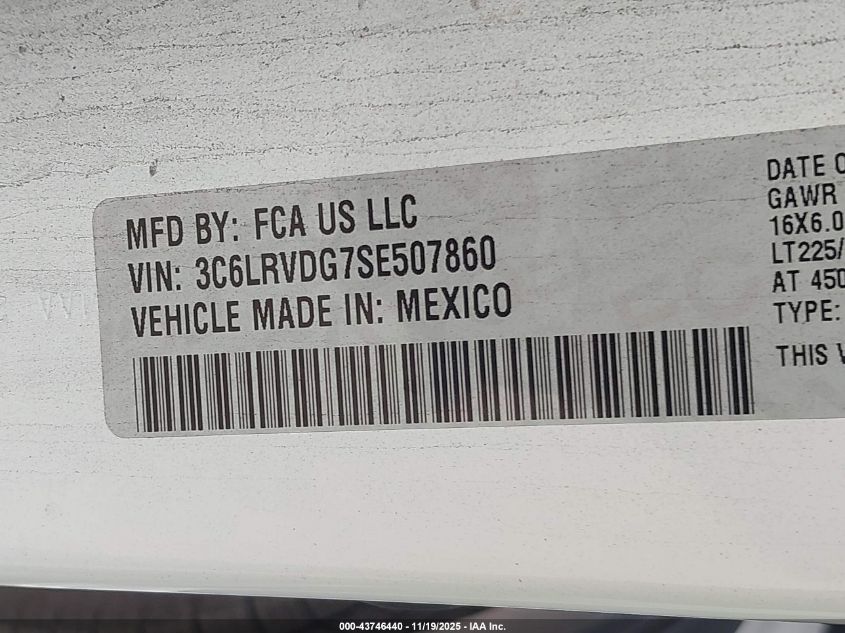 2025 Ram Promaster 2500 Tradesman High Roof 159 Wb W/Pass Seat VIN: 3C6LRVDG7SE507860 Lot: 43746440