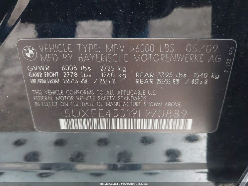 2009 BMW X5 xDrive30I VIN: 5UXFE43519L270889 Lot: 43746441
