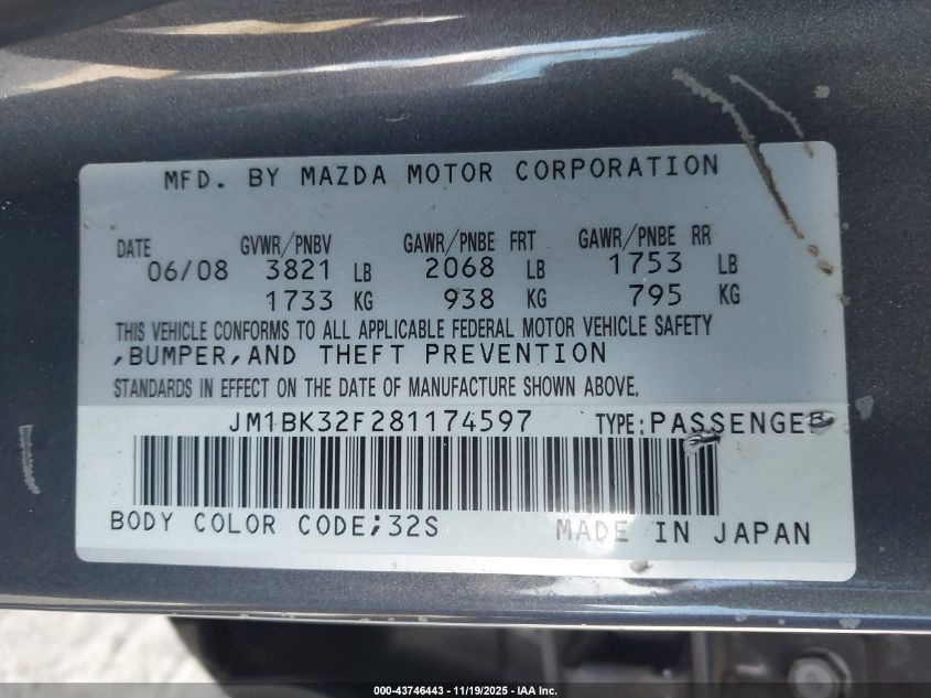 2008 Mazda Mazda3 I Touring Value VIN: JM1BK32F281174597 Lot: 43746443