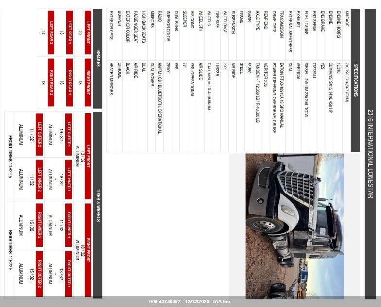 2016 International Lonestar VIN: 3HSCXAPR1GN178818 Lot: 43746457