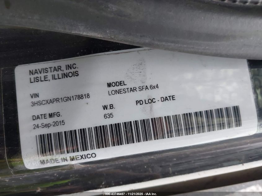 2016 International Lonestar VIN: 3HSCXAPR1GN178818 Lot: 43746457