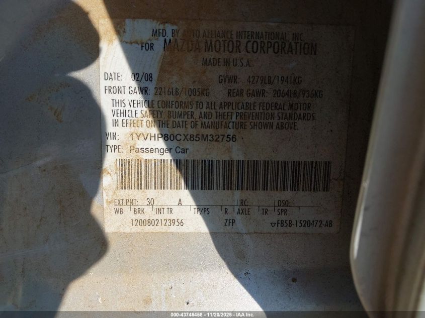 2008 Mazda Mazda6 I Sport Ve VIN: 1YVHP80CX85M32756 Lot: 43746458