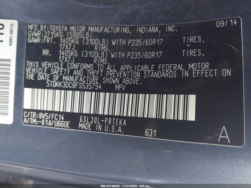 5TDKK3DC8FS535754 2015 TOYOTA SIENNA photo no. 9
