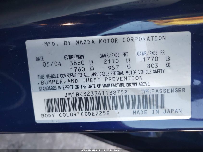 2004 Mazda Mazda3 S VIN: JM1BK323341188752 Lot: 43746460