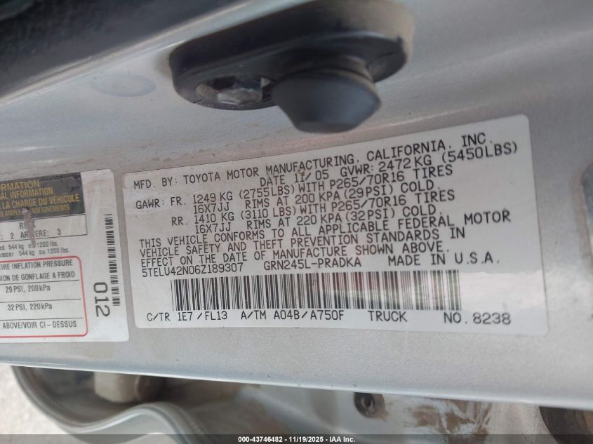 2006 Toyota Tacoma Base V6 VIN: 5TELU42N06Z189307 Lot: 43746482