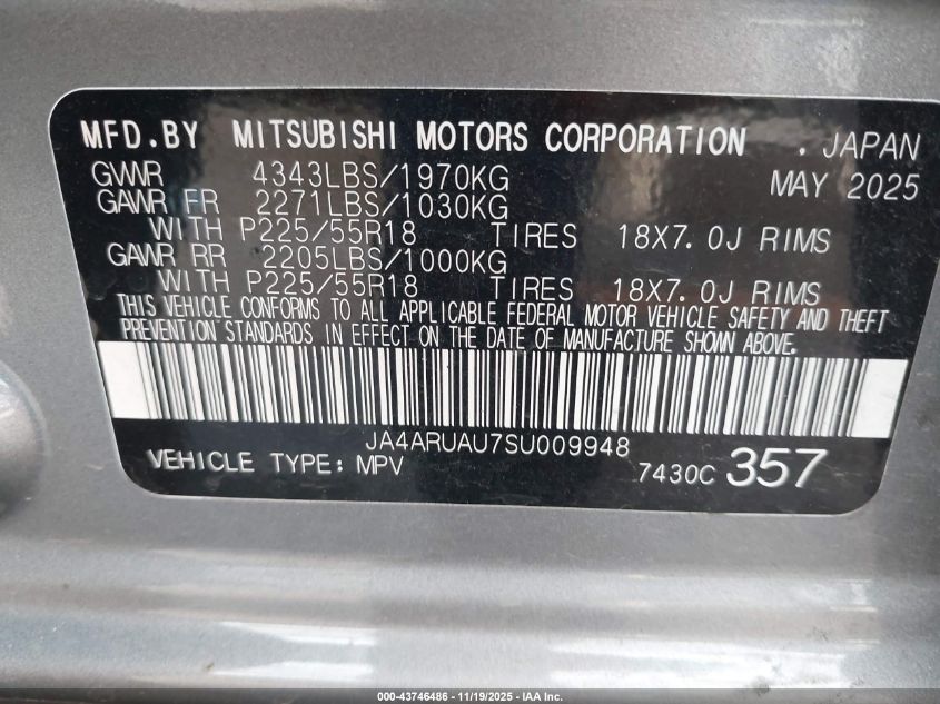 2025 Mitsubishi Outlander Sport 2.0 Es Awc/2.0 Le Awc/2.0 S Awc/2.0 Se Awc/2.0 Trail Edition Awc VIN: JA4ARUAU7SU009948 Lot: 43746486