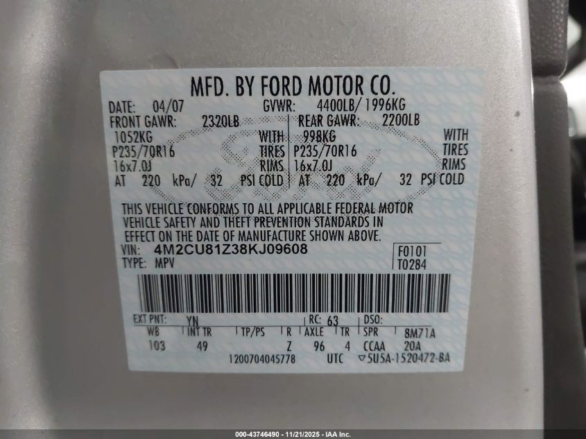 2008 Mercury Mariner I4 VIN: 4M2CU81Z38KJ09608 Lot: 43746490