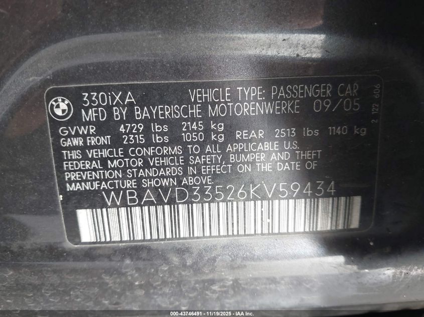 2006 BMW 330Xi VIN: WBAVD33526KV59434 Lot: 43746491
